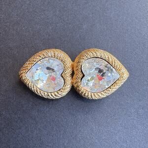 Vintage Monet Gold Tone Rope Trim Double Crystal Heart Brooch 1.25"